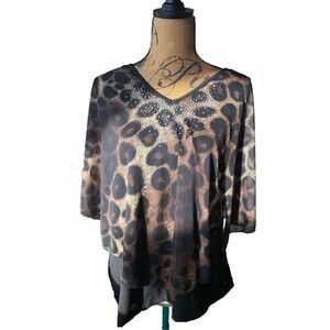 Liz McCoy Sheer Leopard Rhinestone Bedazzled Top over Black V Neck Tank Size XL